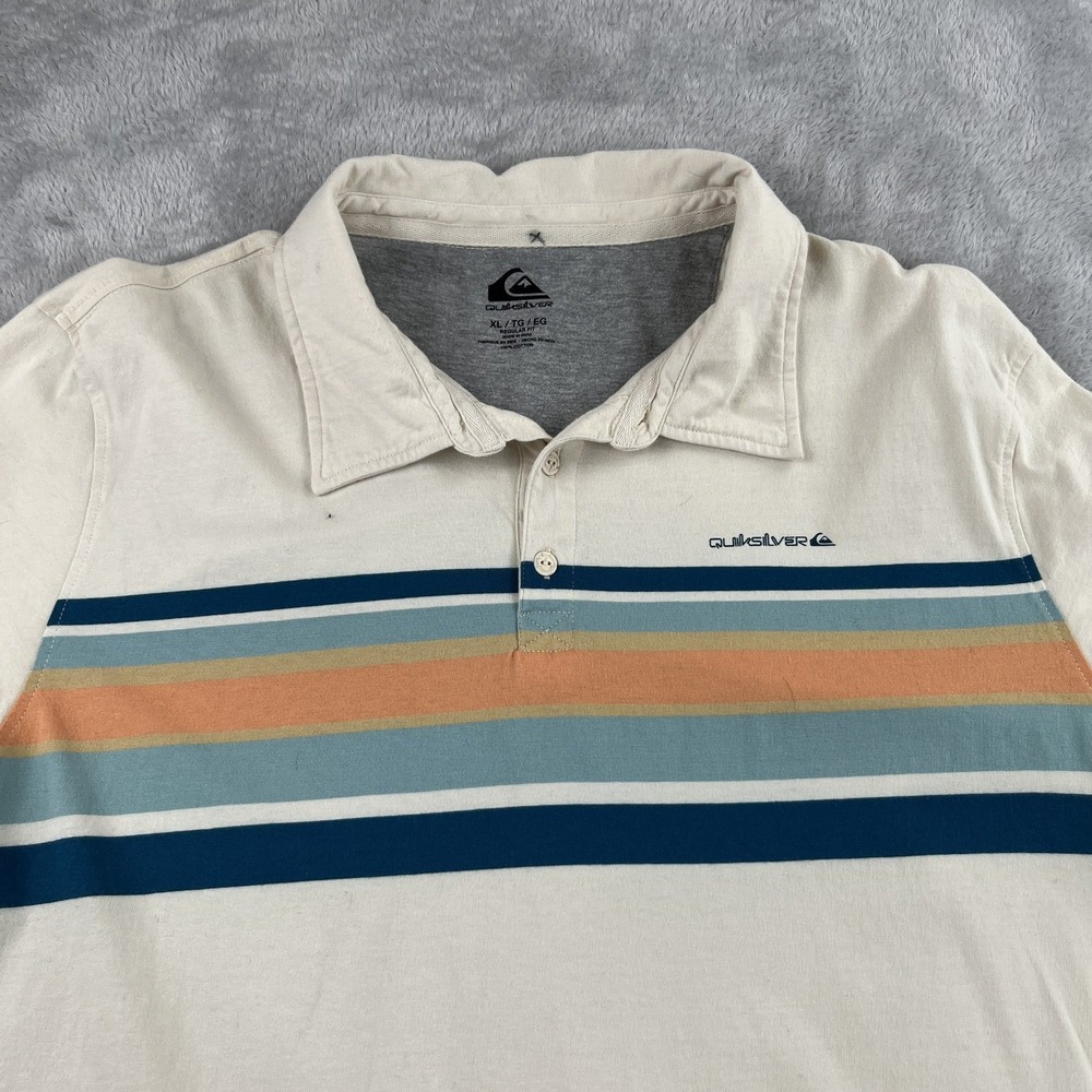 Quiksilver Striped Cotton Polo Shirt Mens XL Beige Blue Orange Surf Casual Golf - Picture 2 of 9